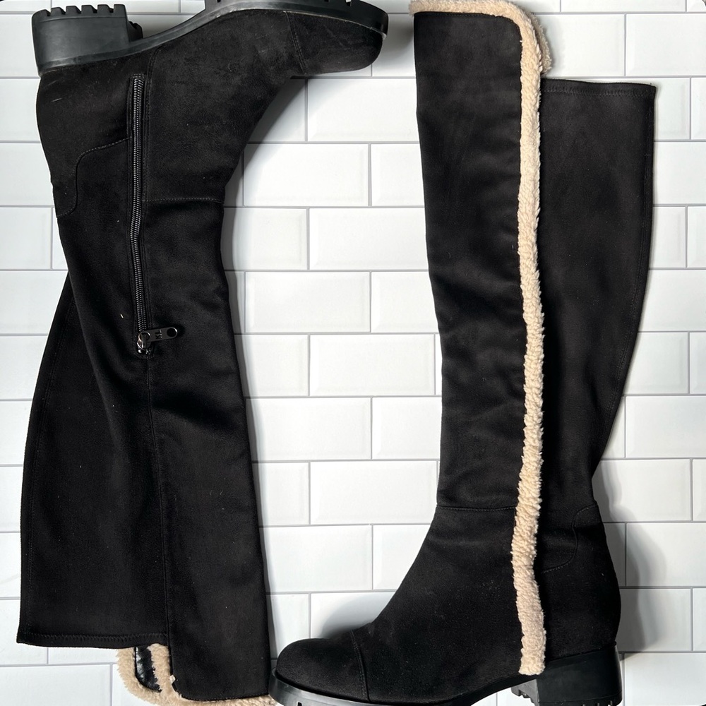 Karl Lagerfeld Black Over-the-Knee Boots with Cream Sherpa Trim